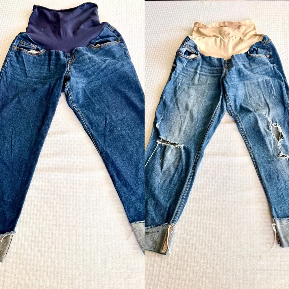 Indigo Blue Distressed Maternity Boyfriend Jeans Bundle 2 Pair Blue Size L